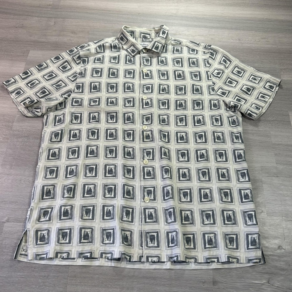 Tommy Bahama Shirt Mens Large Gray Geometric Short Sleeve Silk Button Up Casual